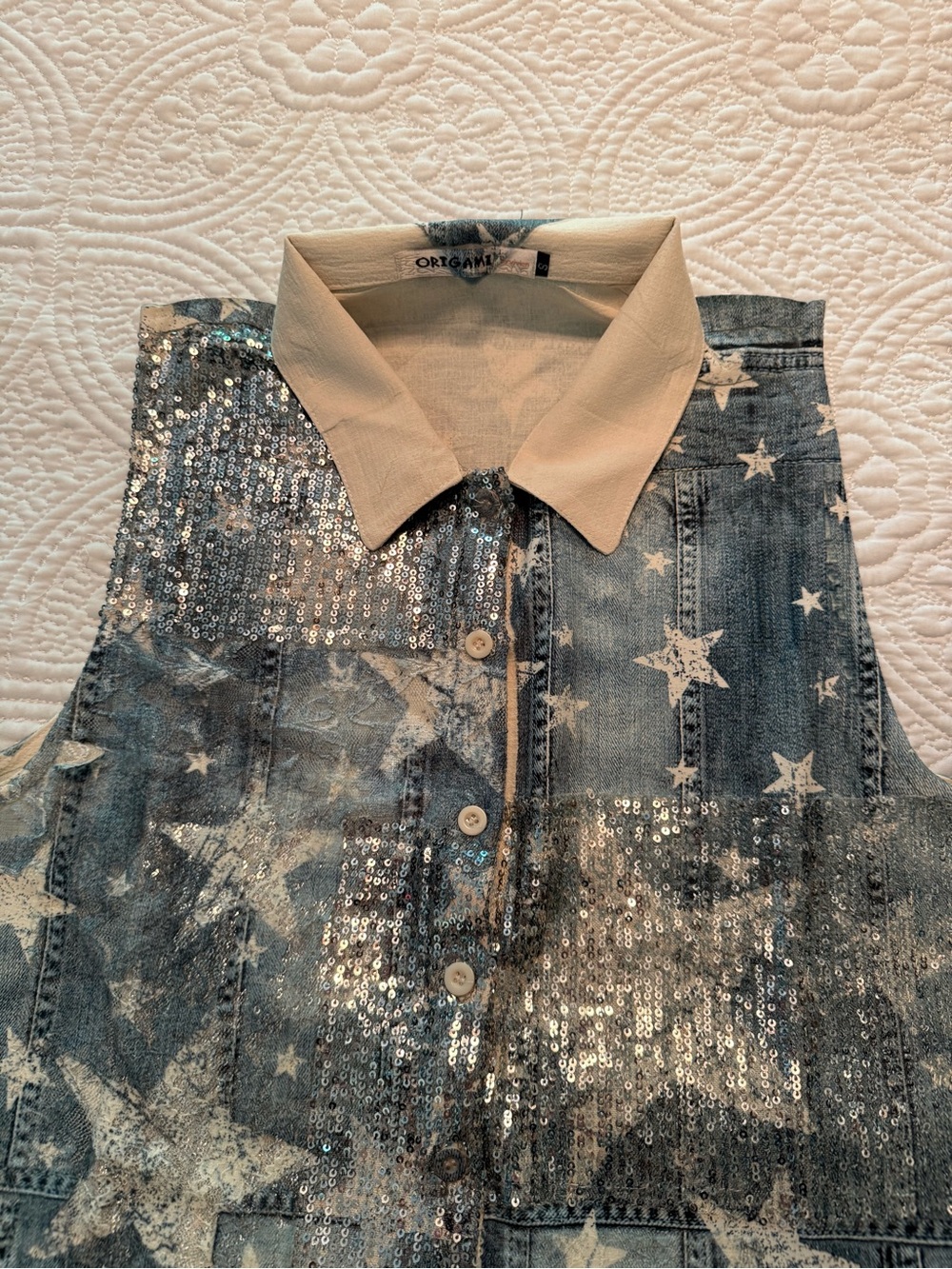 NEW Origami Sleeveless Star-Sequin A-Line Mini Dress in Blue - Picture 3 of 4